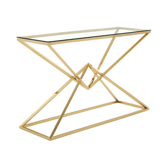 Photo of Alluras clear glass console table with champagne gold frame