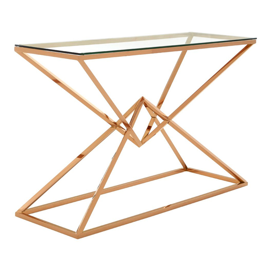 Photo of Alluras clear glass console table with rose gold metal frame