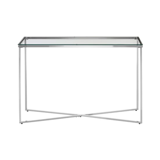 Photo of Alluras clear glass console table with silver metal frame