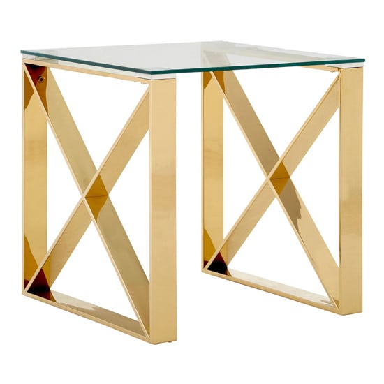 Photo of Alluras clear glass end table with champagne gold cross frame