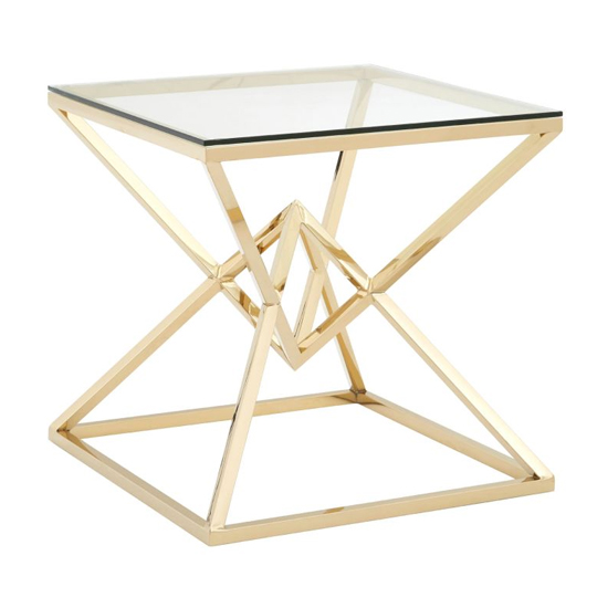 Photo of Alluras clear glass end table with cross champagne gold frame