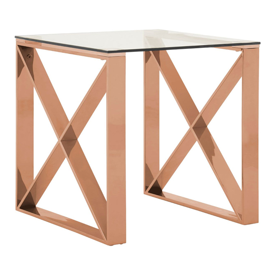 Photo of Alluras clear glass end table in cross rose gold frame