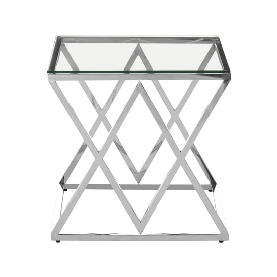 Product photograph of Alluras Clear Glass End Table With Cross Silver Metal Frame from Furniture in Fashion