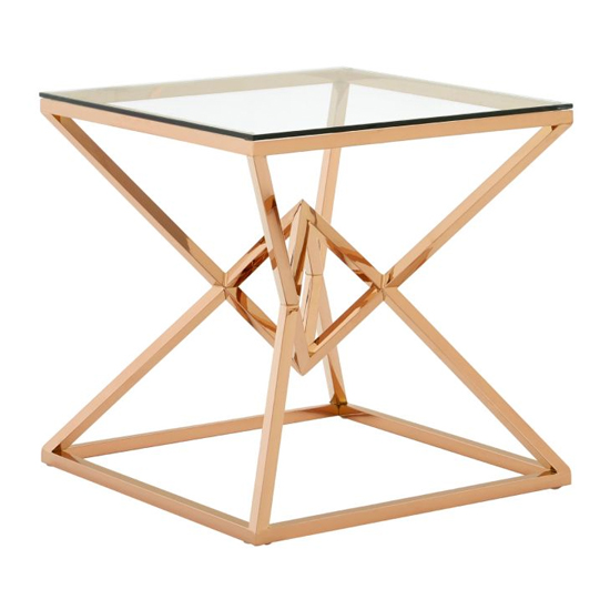 Photo of Alluras clear glass end table with rose gold metal frame