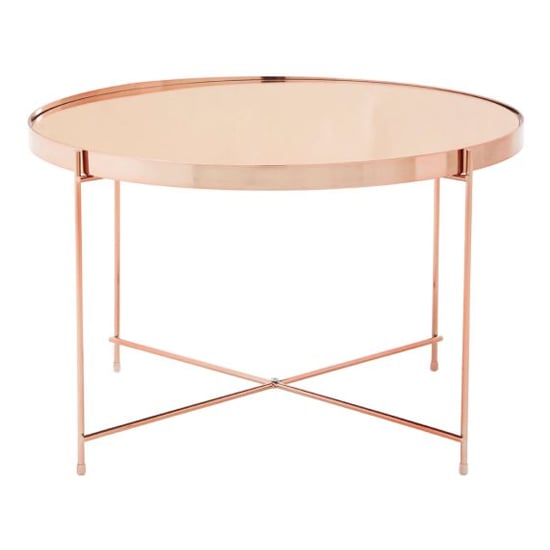 Photo of Alluras large pink glass side table with rose gold frame