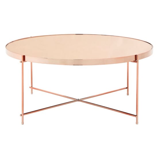 Photo of Alluras pink glass coffee table with rose gold frame