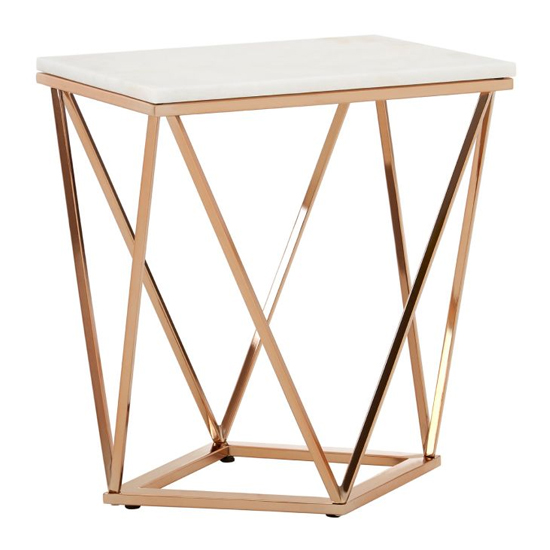 Photo of Alluras rectangular white marble end table in rose gold frame