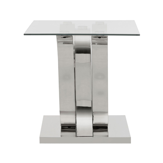 Alluras Square Clear Glass End Table With Curved Silver Frame