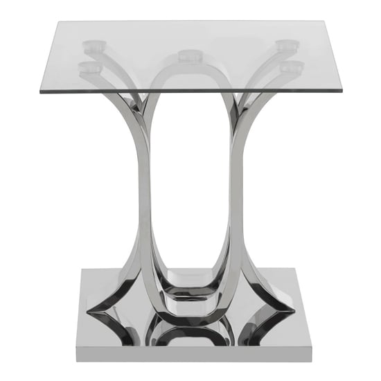 Photo of Alluras square clear glass end table with curved silver frame