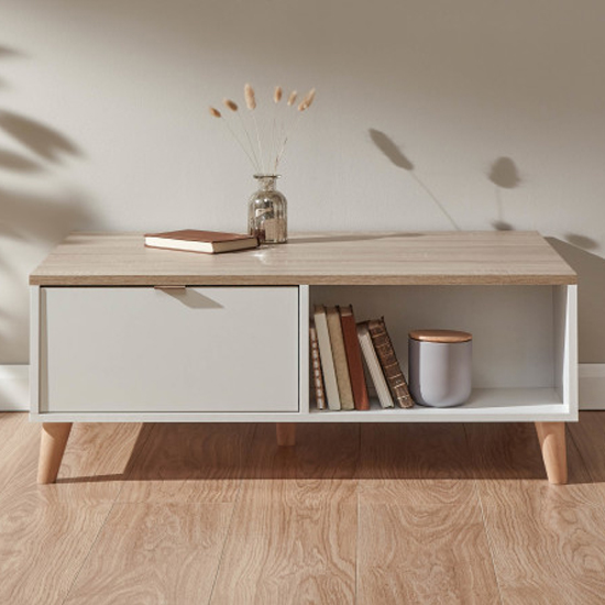 Read more about Aldeburgh wooden coffee table with 1 drawer in white and oak