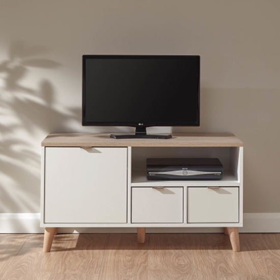 Read more about Aldeburgh wooden tv stand with 1 door 2 drawers in white oak