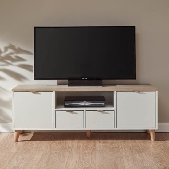 Photo of Aldeburgh wooden tv stand with 2 doors 2 drawers in white oak