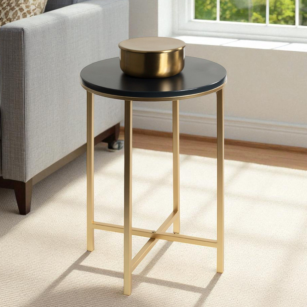 Almancil Round Anthracite Wooden Top Side Table with Tubular Steel Gold Base