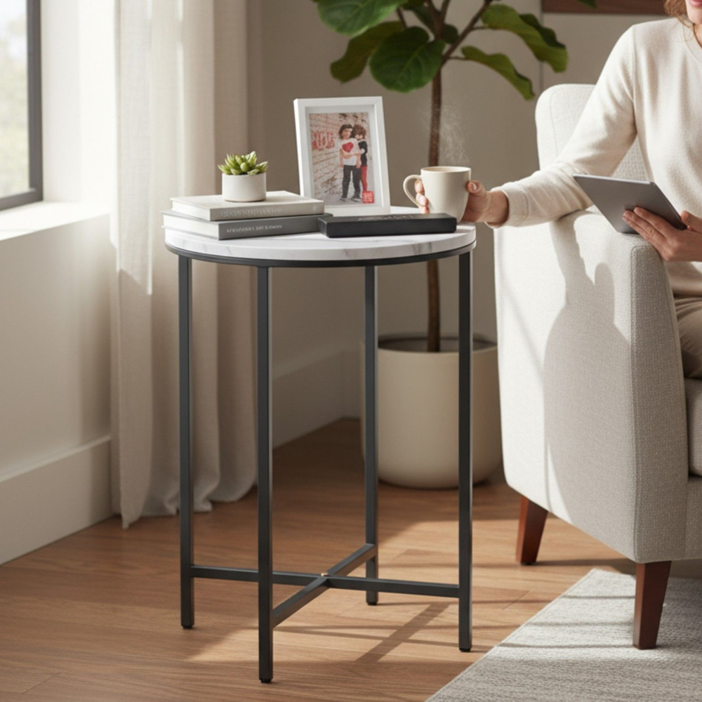Almancil Round White Marble Effect Top Side Table with Tubular Steel Anthracite Base