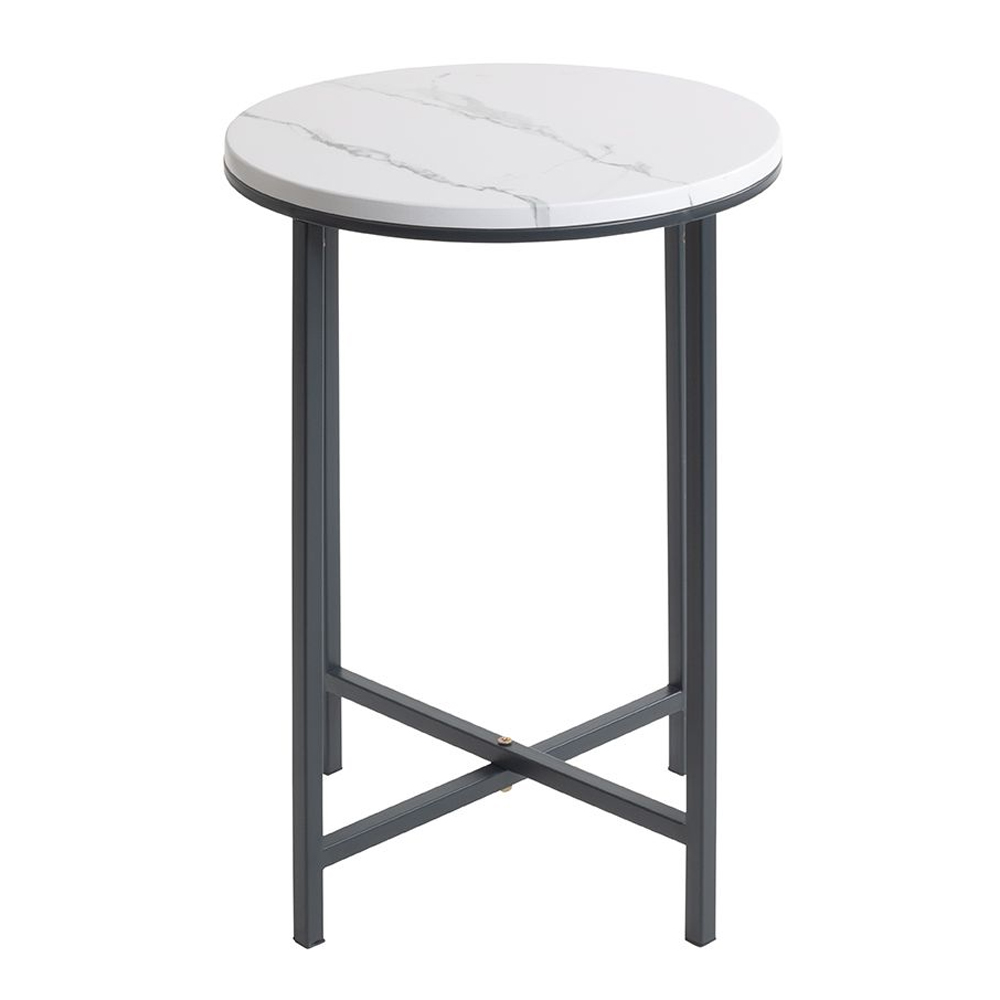 Almancil Round White Marble Effect Top Side Table with Tubular Steel Anthracite Base