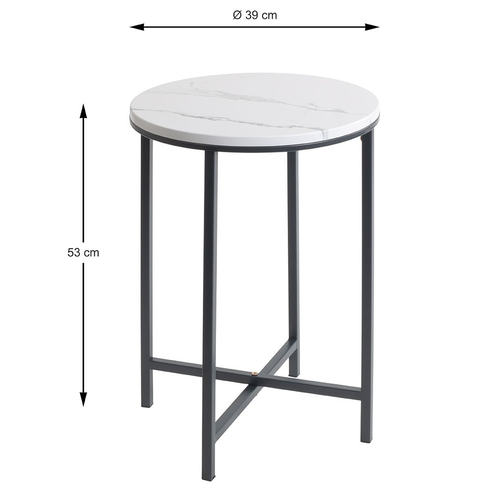 Almancil Round White Marble Effect Top Side Table with Tubular Steel Anthracite Base