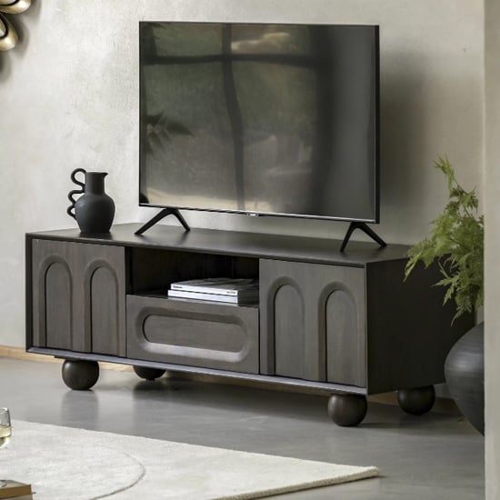 Product photograph of Alofi Mango Wood Tv Stand With 2 Doors 1 Drawer In Walnut from Furniture in Fashion