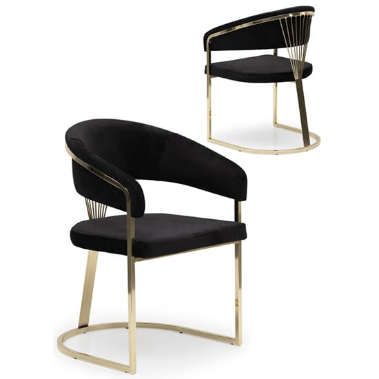 Alora Black Velvet Dining Chairs With Gold Frame In Pair