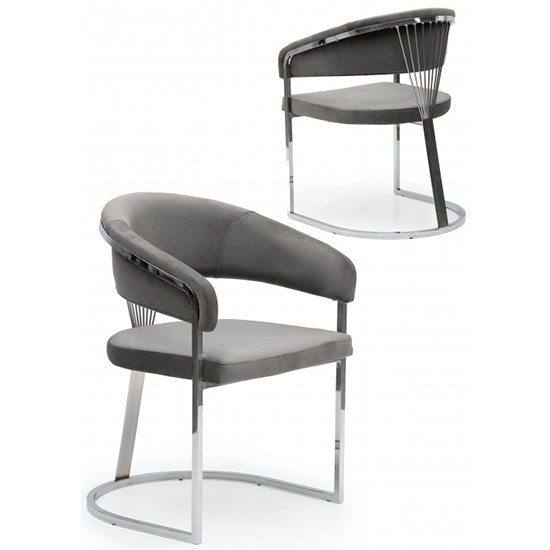 Alora Dark Grey Velvet Dining Chairs With Chrome Frame In Pair