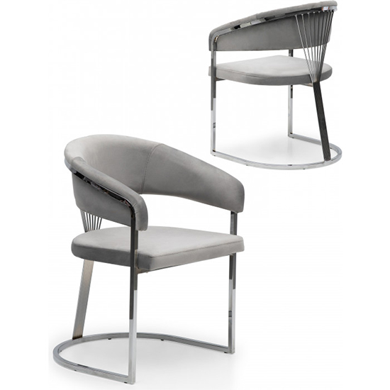 Alora Light Grey Velvet Dining Chairs With Chrome Frame In Pair