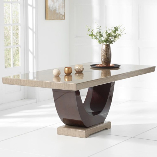 Aloya High Gloss Marble Dining Table In Light And Dark Brown