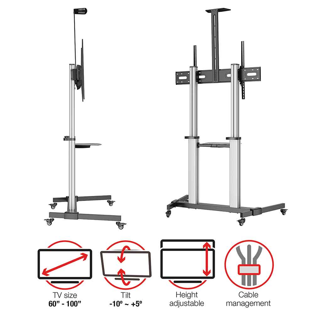Alpine 100'' Aluminium Trolley Cart And Monitor Mount Stand - Black And Silver