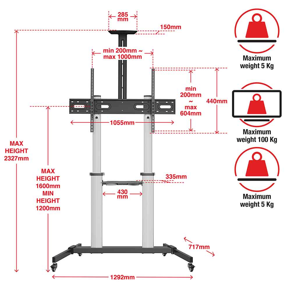 Alpine 100'' Aluminium Trolley Cart And Monitor Mount Stand - Black And Silver