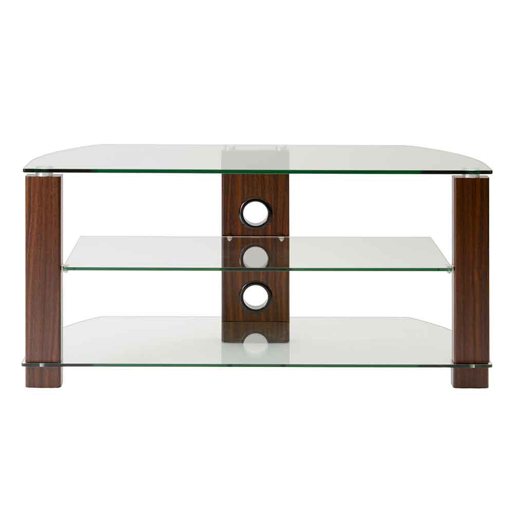 Alpine 1050mm Wooden Corner TV Stand With 2 Glass Shelves - Walnut