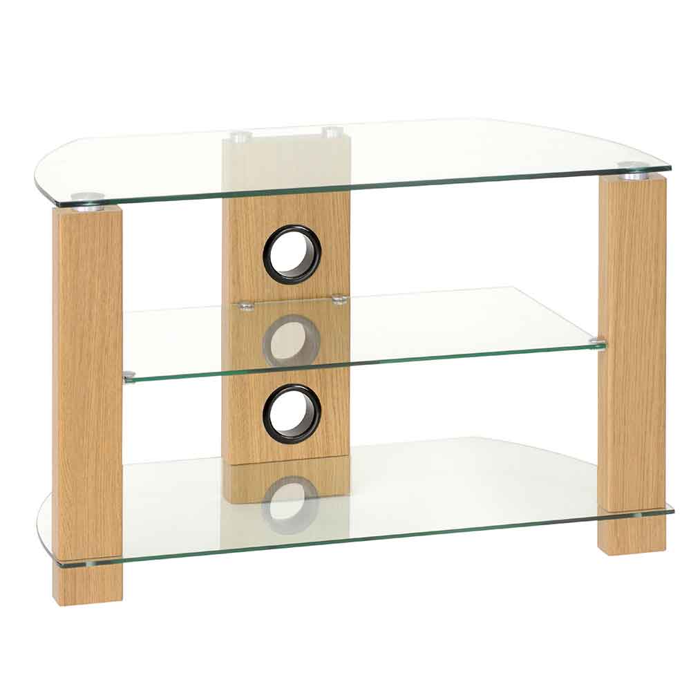 Alpine 600mm Wooden Corner TV Stand With 2 Glass Shelves - Oak
