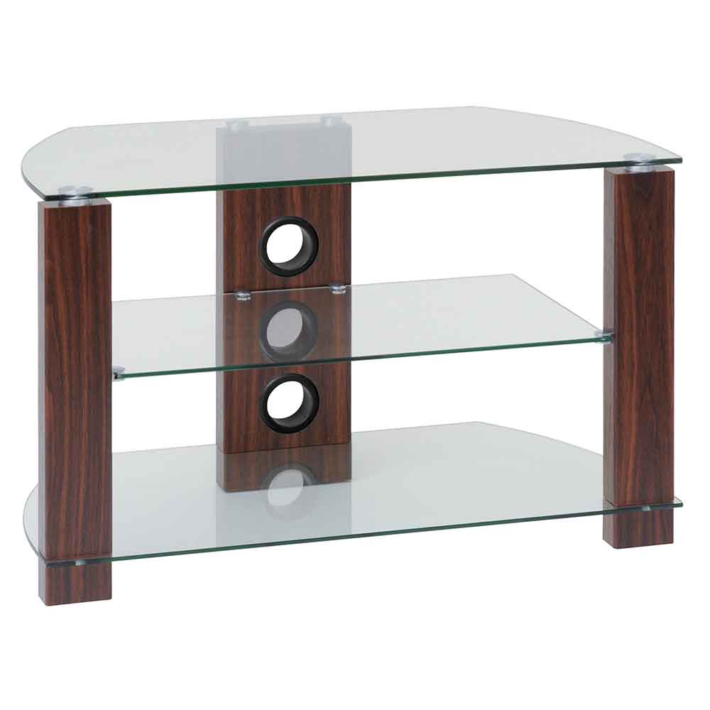 Alpine 800mm Wooden Corner TV Stand With 2 Glass Shelves - Walnut