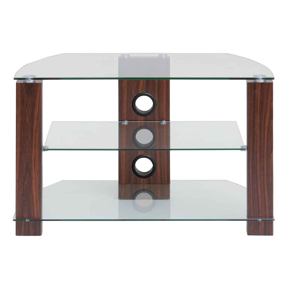 Alpine 800mm Wooden Corner TV Stand With 2 Glass Shelves - Walnut