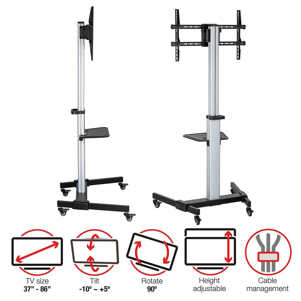 Alpine 86'' Aluminium Trolley Cart And Monitor Mount Stand - Black And Silver