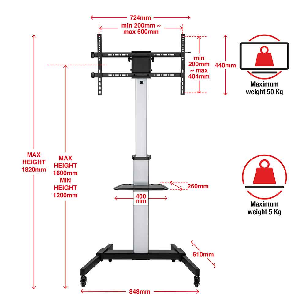 Alpine 86'' Aluminium Trolley Cart And Monitor Mount Stand - Black And Silver