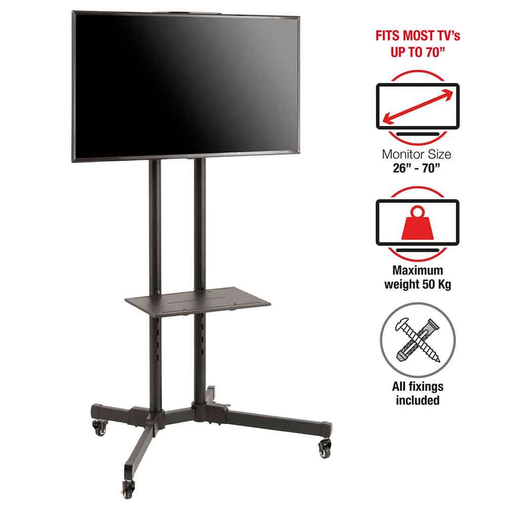 Alpine Adjustable Metal TV Wall Mount Bracket With Wheels - Black