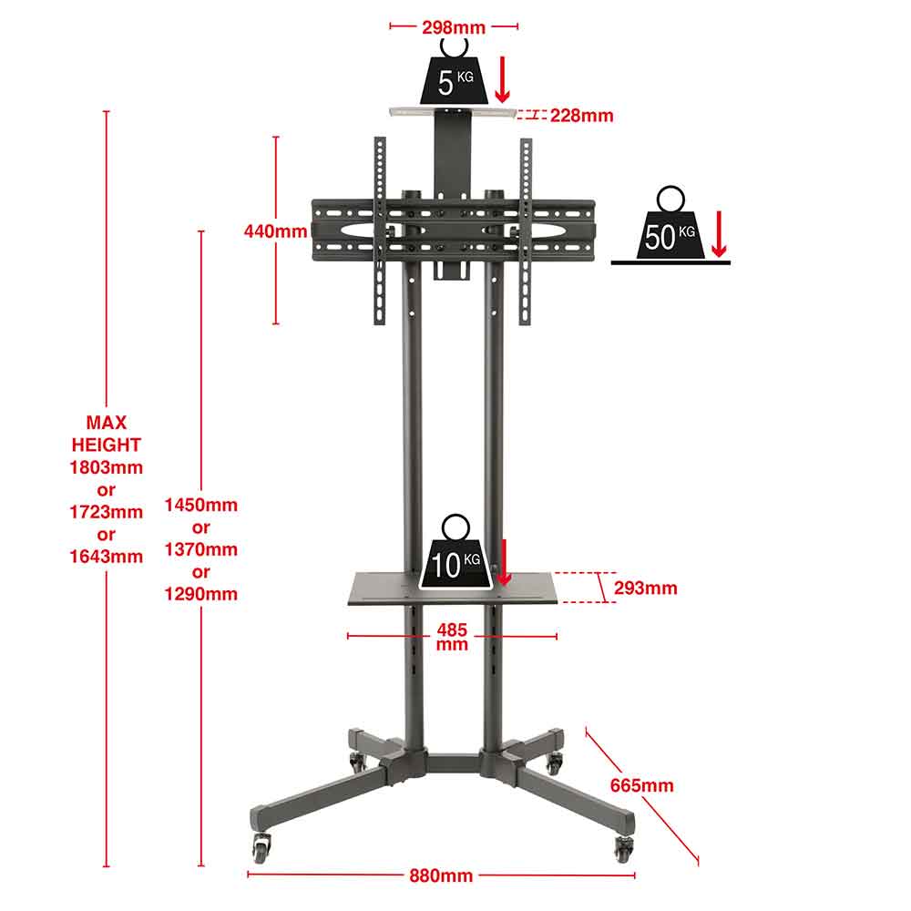 Alpine Adjustable Metal TV Wall Mount Bracket With Wheels - Black