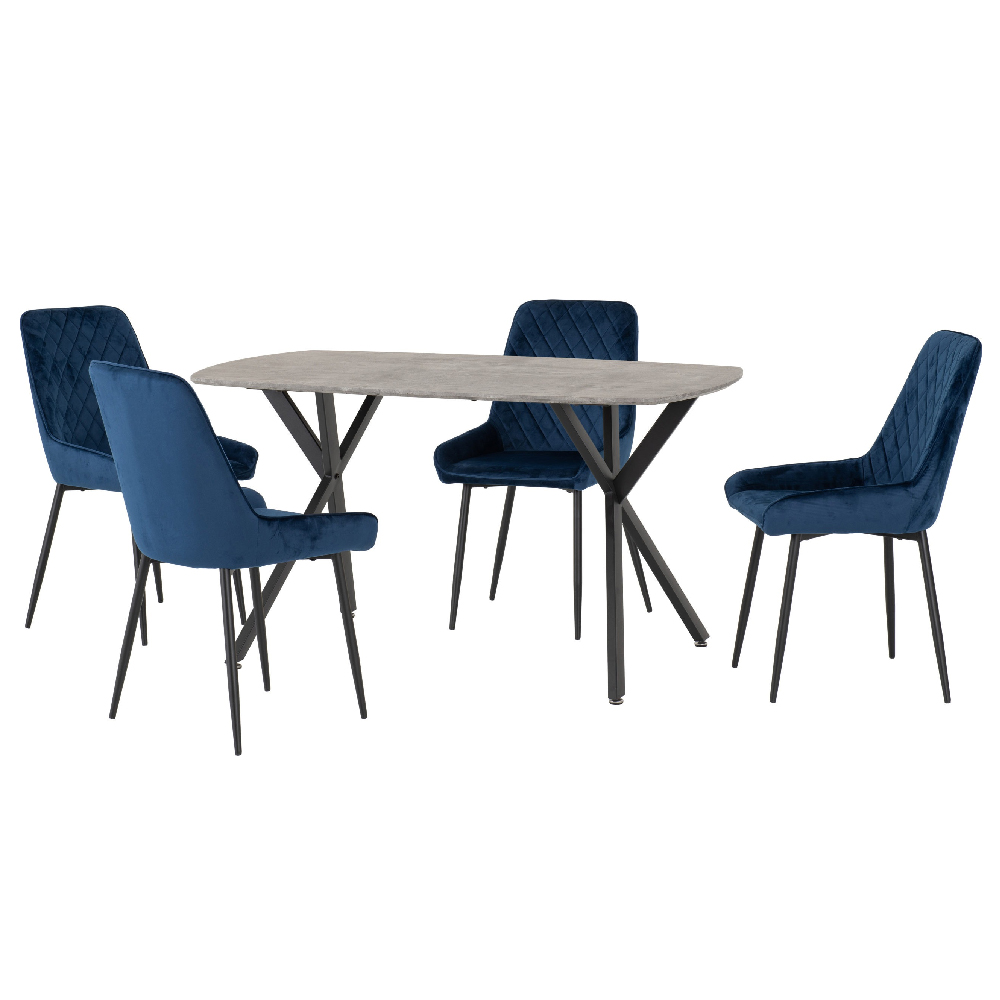 Read more about Alsip concrete effect dining table with 4 blue velvet chairs