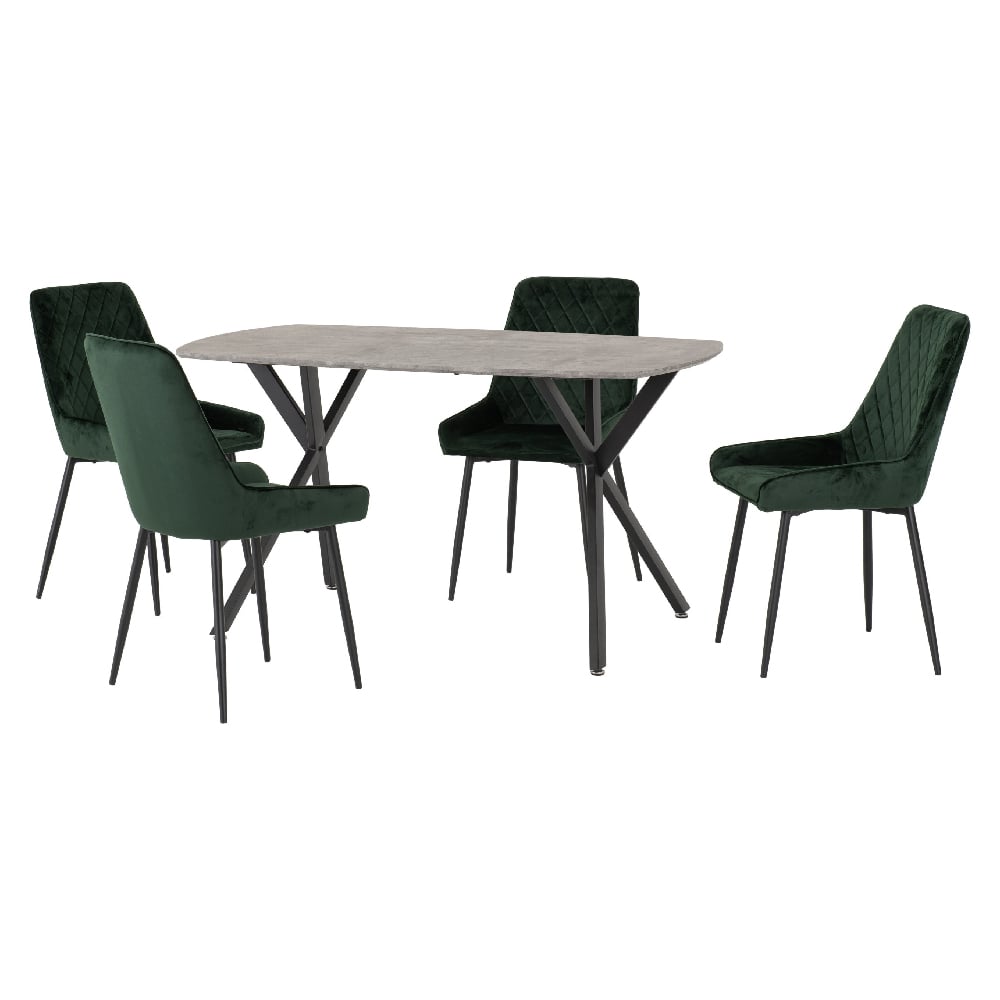 Read more about Alsip concrete effect dining table with 4 green velvet chairs