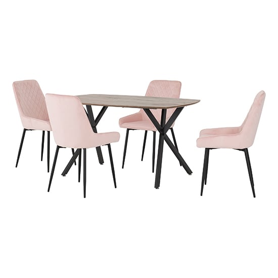Alsip Dining Table In Medium Oak Effect With 4 Avah Pink Chairs