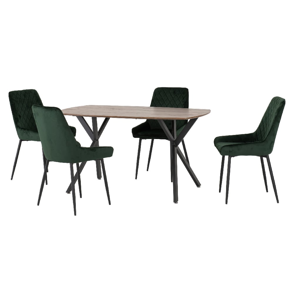 Read more about Alsip oak wooden dining table with 4 green velvet chairs