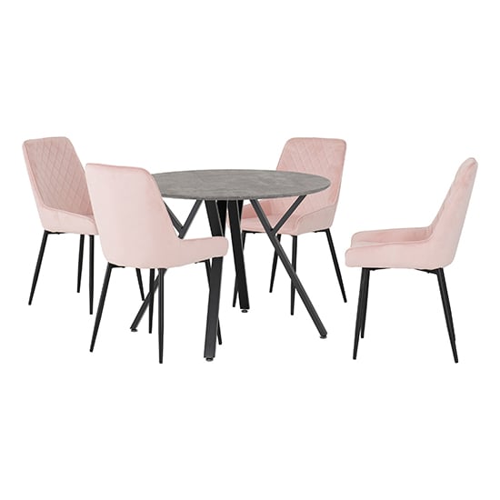 Alsip Round Concrete Effect Dining Table 4 Avah Pink Chairs