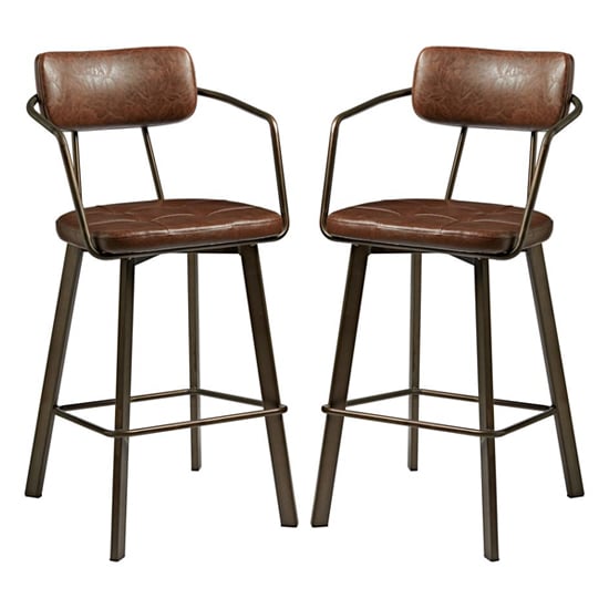 Alstan Vintage Brown Faux Leather Bar Stools In Pair