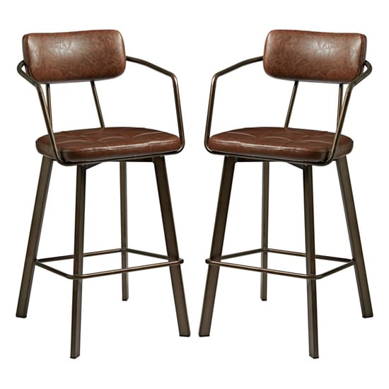 Alstan Vintage Brown Faux Leather Bar Stools In Pair