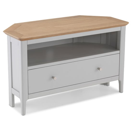 Read more about Hematic wooden corner tv unit in solid oak and grey