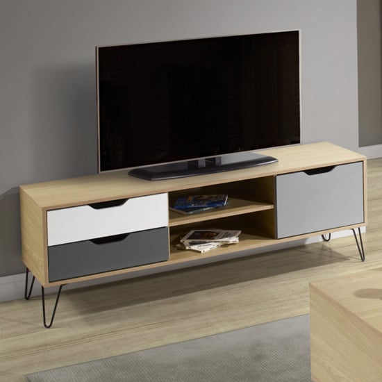 Product photograph of Baucom Oak Effect 1 Door 2 Drawers Tv Stand In White And Grey from Furniture in Fashion