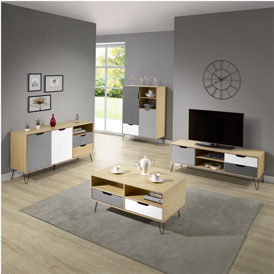 Baucom Oak Effect 2 Doors 2 Drawers Sideboard In White And Grey_6
