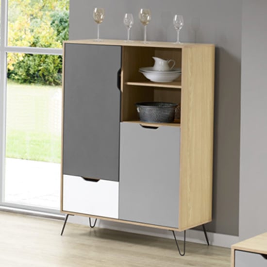 Photo of Baucom oak effect tall sideboard in white and grey