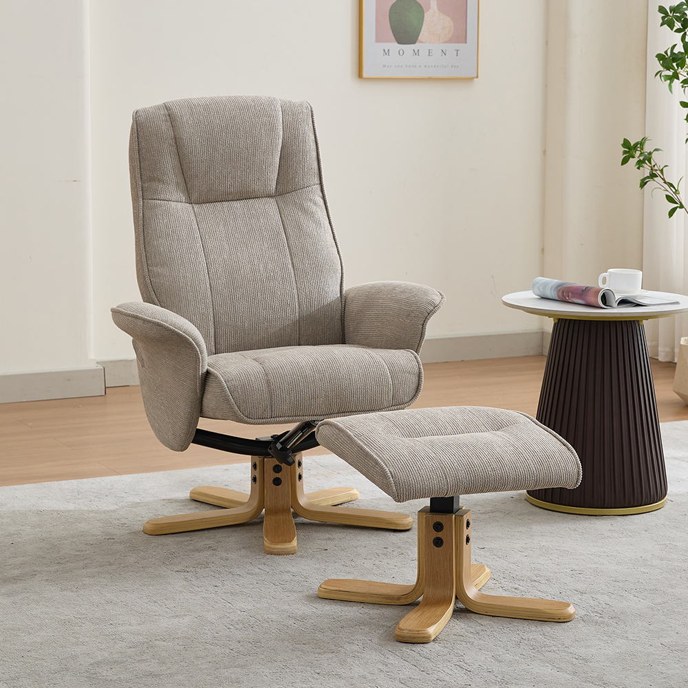 Althar Fabric Swivel Recliner Chair with Footstool in Camel