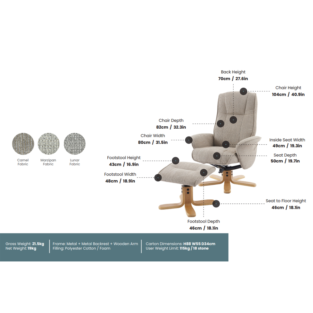 Althar Fabric Swivel Recliner Chair with Footstool in Lunar