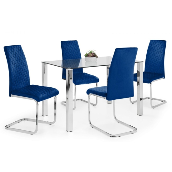Edith Clear Glass Dining Table With 4 Cadewyn Blue Chairs_1