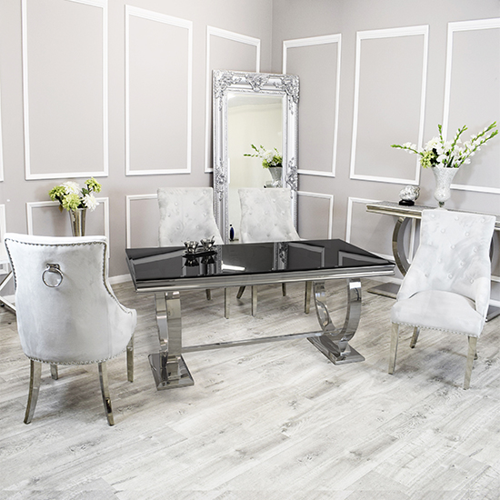 Product photograph of Alto Black Glass Dining Table With 8 Dessel Light Grey Chairs from Furniture in Fashion